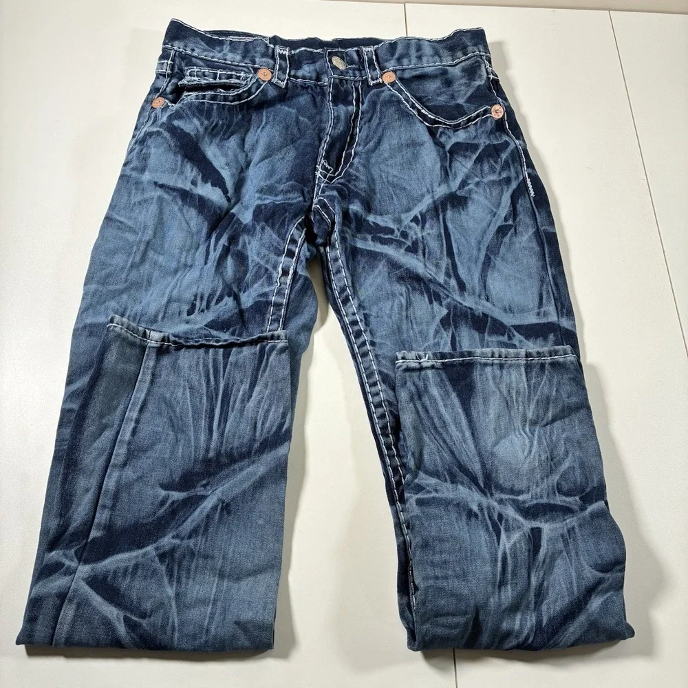 True Religion Jeans 34x33‎ Blue Denim Acid Wash Flap Pocket Thick Made in USA